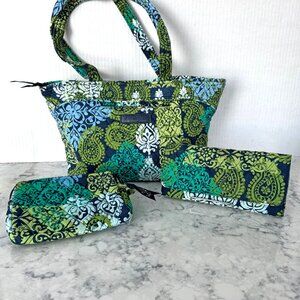Vera Bradley Caribbean Sea Tote, Wallet, and Makeup Bag Set